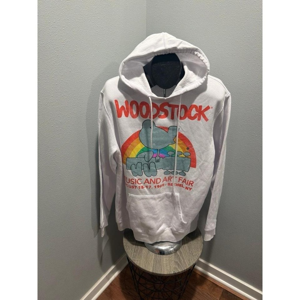Unisex Woodstock Music & Art Fair Hoodie Rainbow Graphic LARGE White